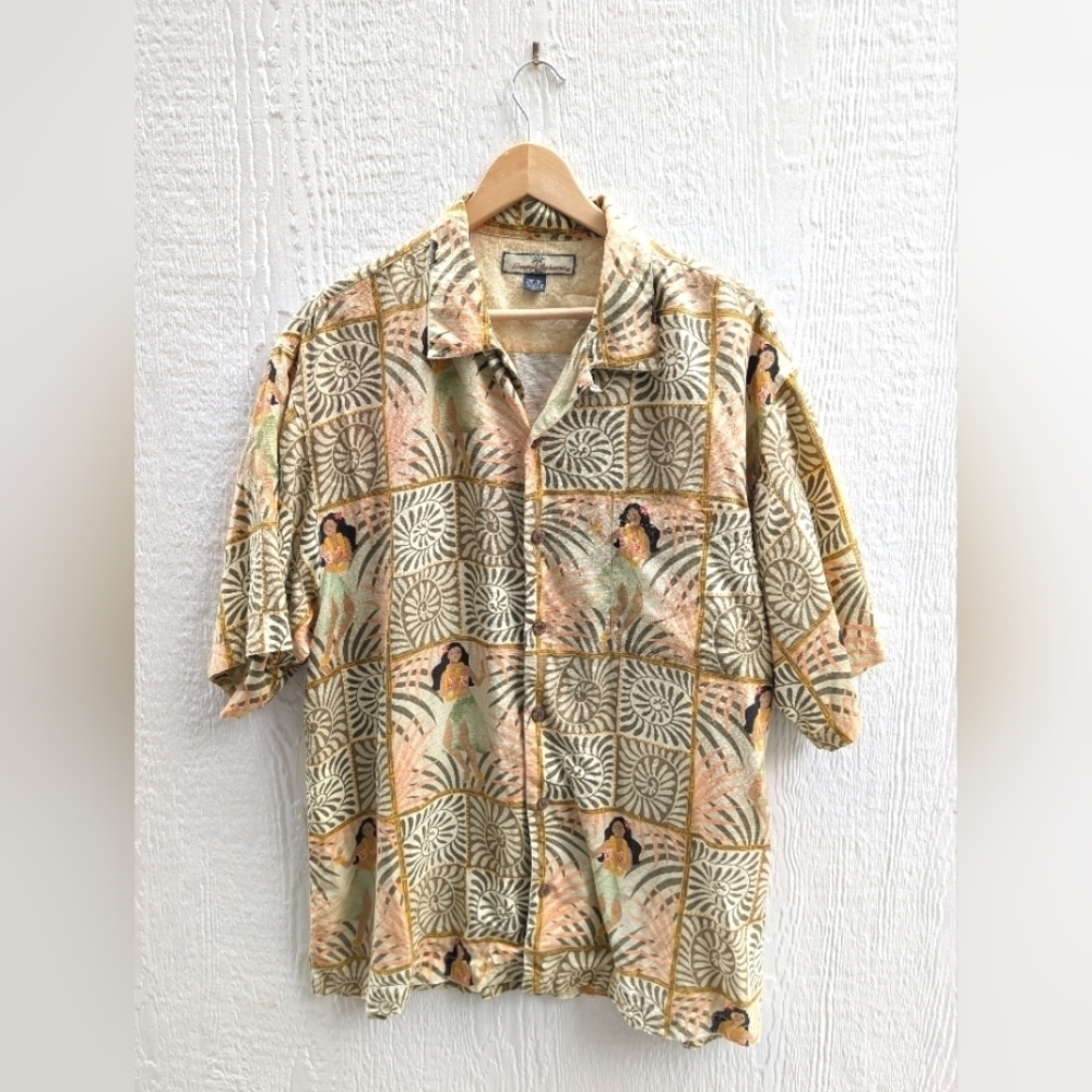 Tommy Bahama Hula Girl Hawaiian Floral Palms 100% Silk Button Up Shirt Sz Large